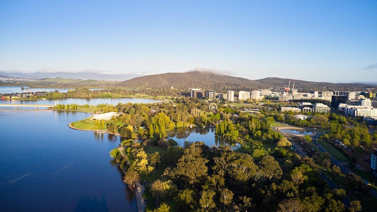 Aerial shot of Lake Burley Griffin.