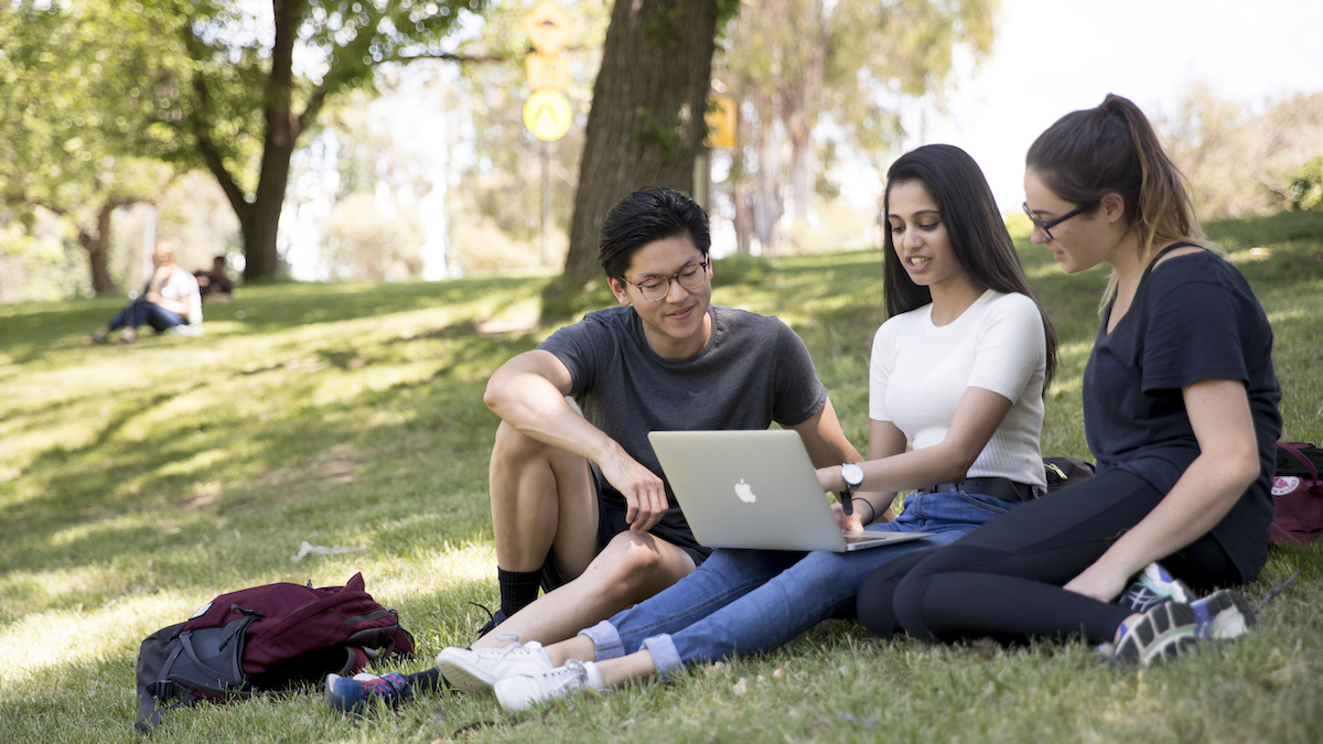 Three ANU students sit on a grassy hill and look at a laptop screen.