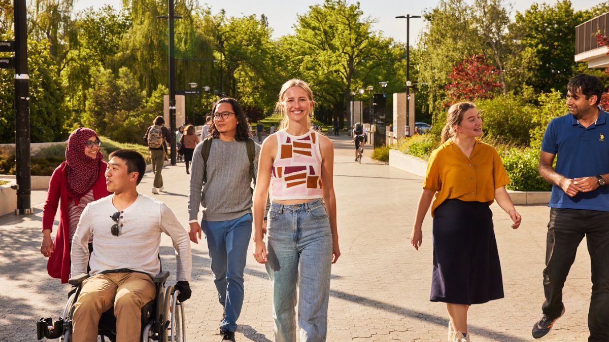 A group of ANU students walking down University Avenue.