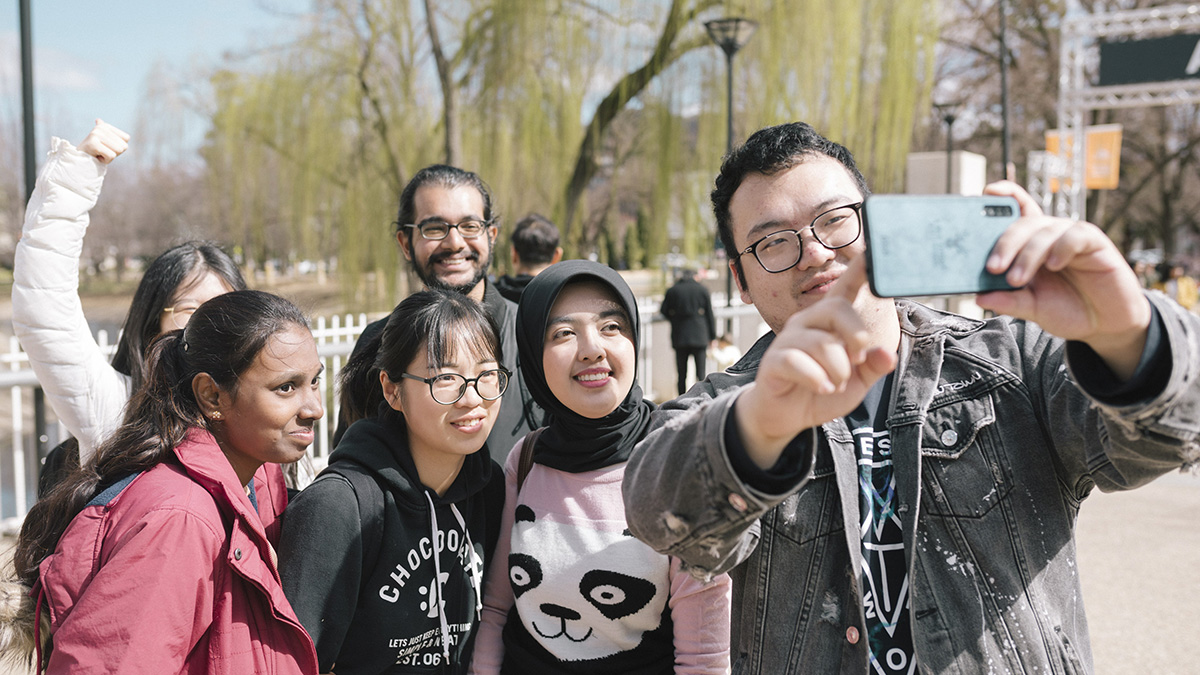 Group of friends at ANU taking selfie