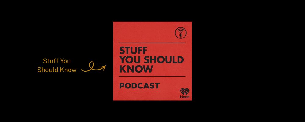 The logo of the Stuff You Should Know podcast set against the ANU brand colours.