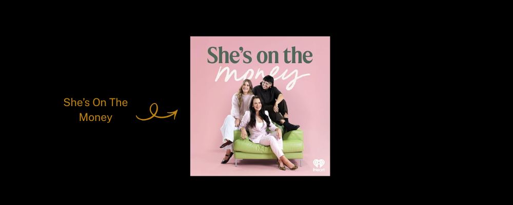 The logo of the She’s On The Money podcast set against the ANU brand colours.