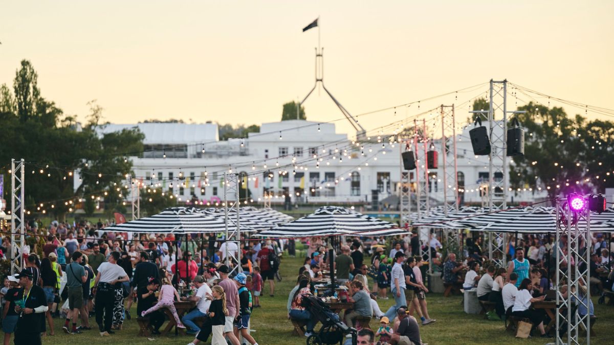 Enlighten Festival set up at sunset on the lawns outside Old Parliament House in Canberra