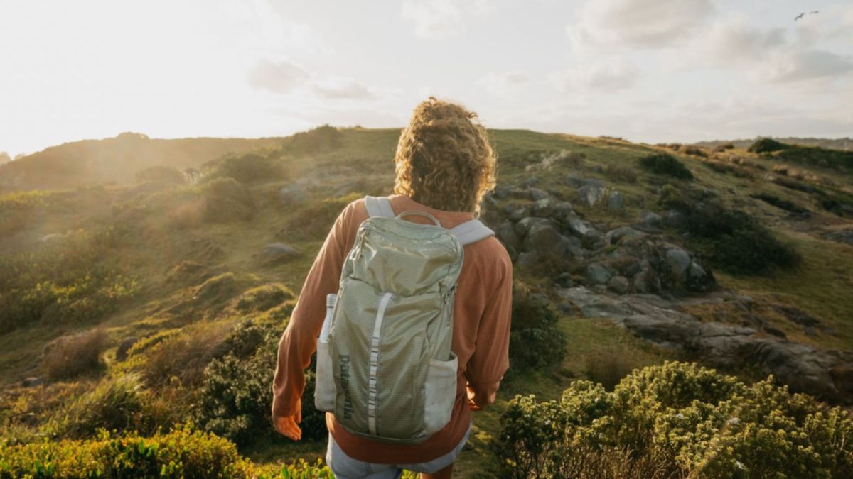 A man with a backpack walks through a sunlit NSW South Coast landscape with rocky hills and low shrubs.